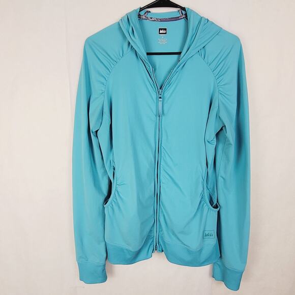REI blue full zip ruched active hooded jacket size medium gorpcore outdoors - Picture 1 of 7